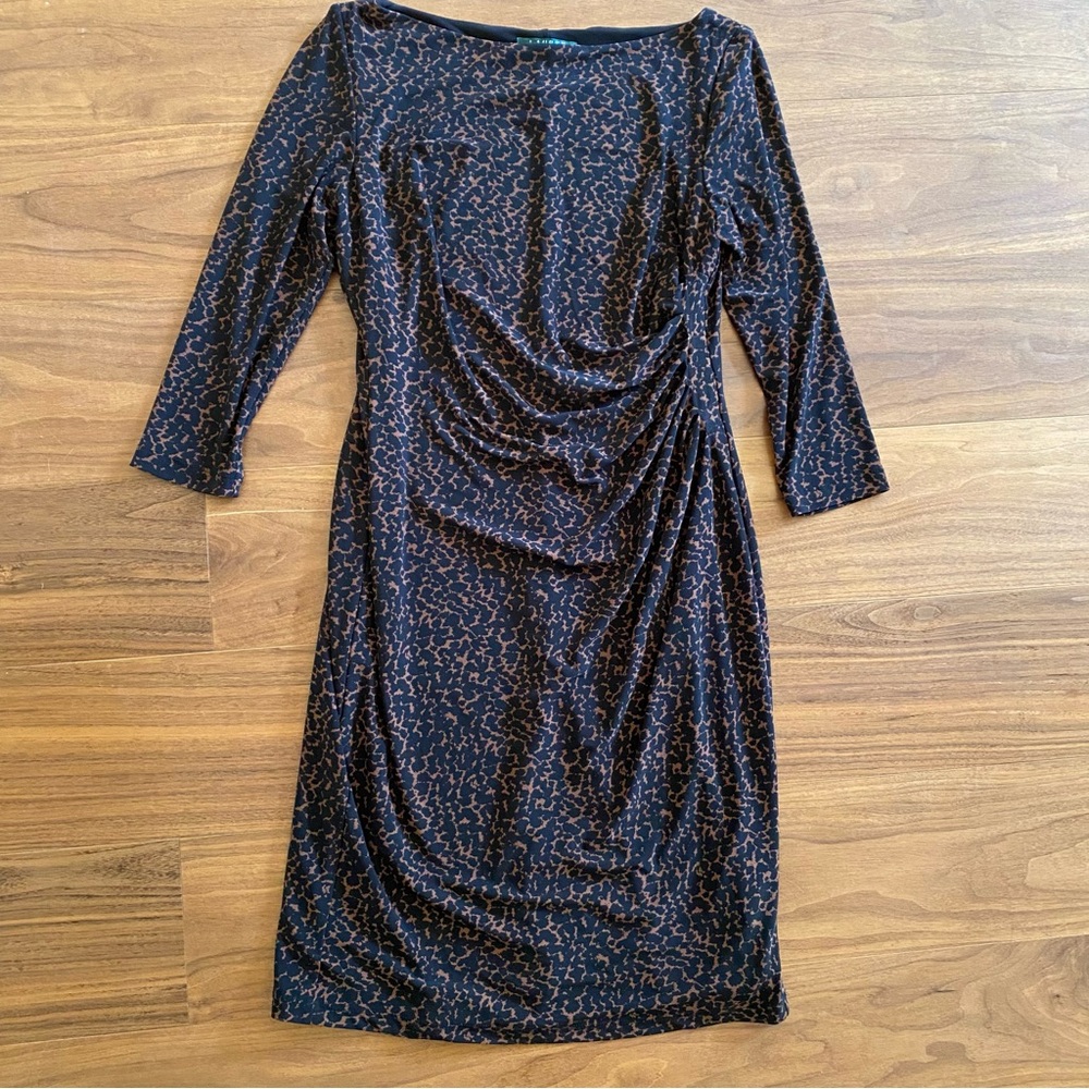 Lauren Ralph Lauren Dress Womens 10 Black Ruched Sheath 3/4 Sleeve Stretch